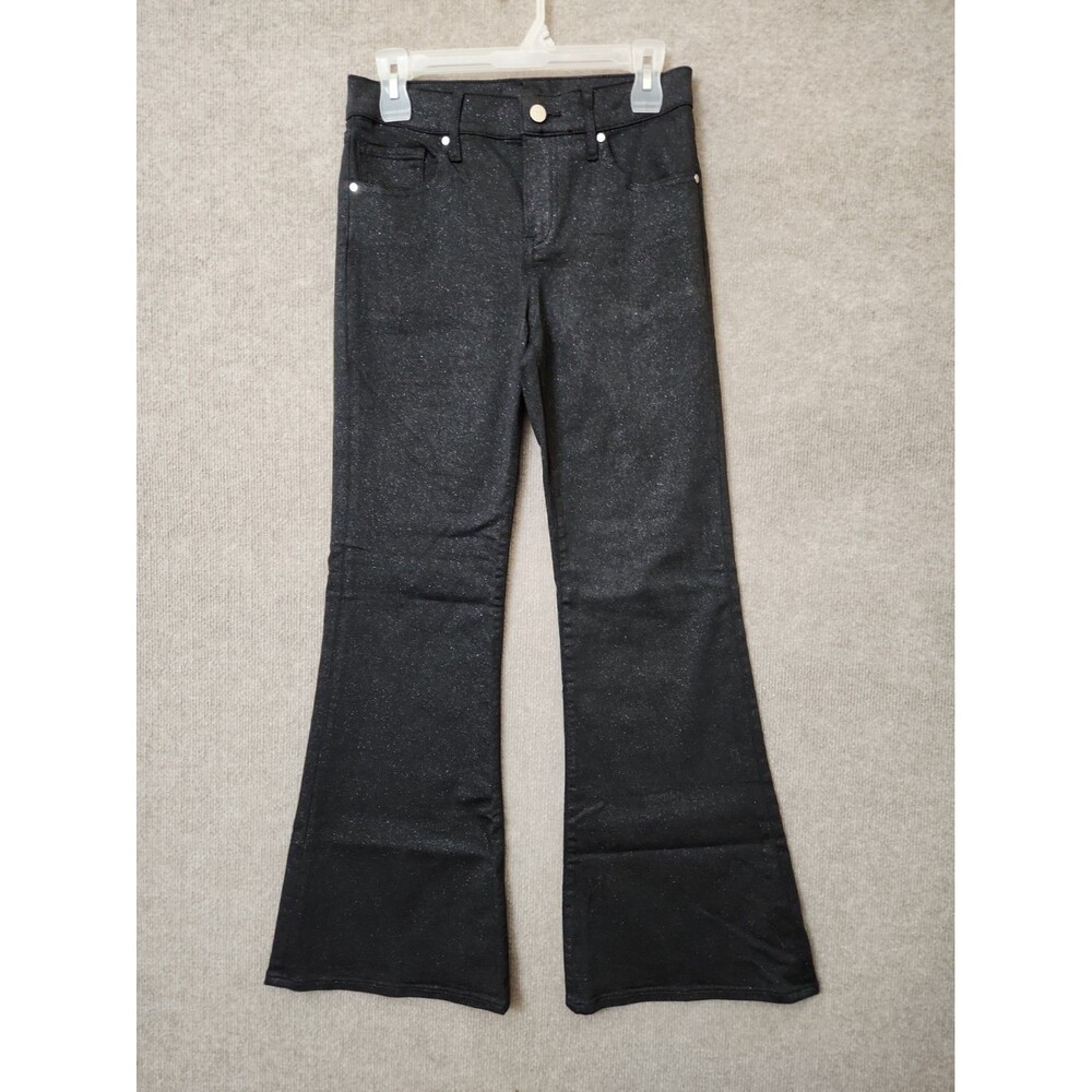 Express 70s Flare Mid-Rise Jeans Womens 2 Short Black Shimmer Stretch